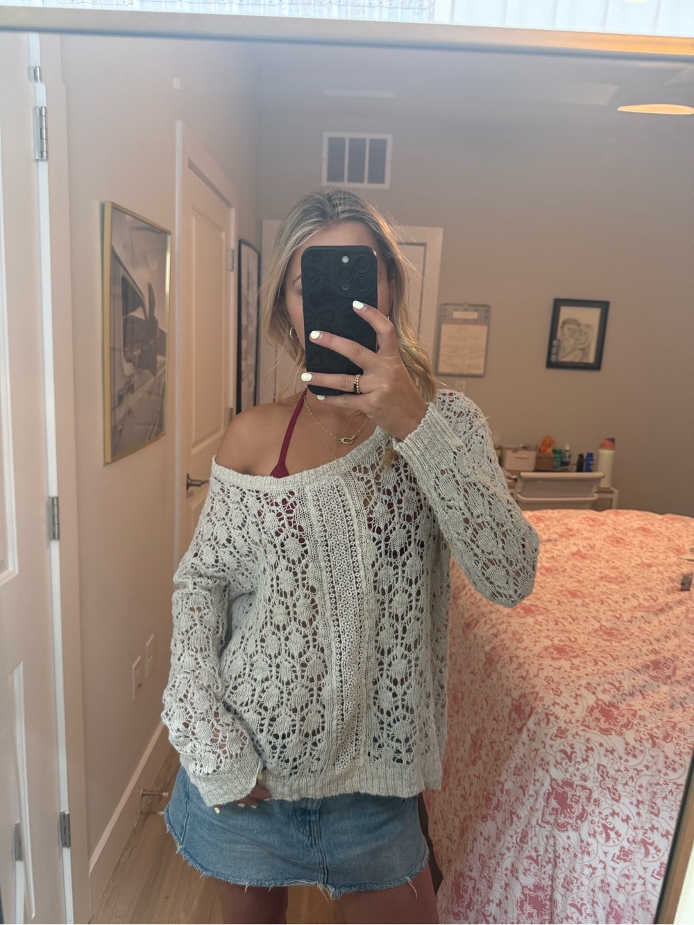 Open-Knit Off-Shoulder Cream Sweater
